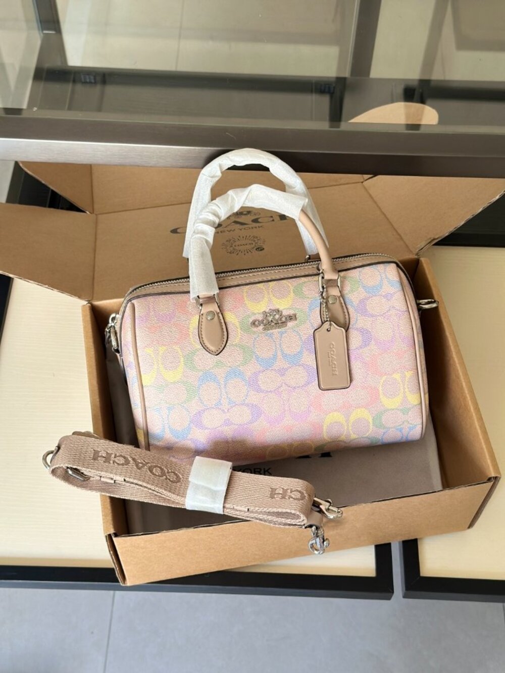 Coach Rowan Satchel Bag In Rainbow Signature Canvas CDA90 Sand Multi